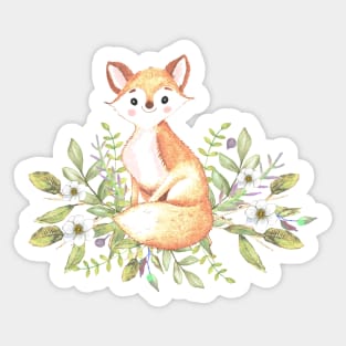 Little fox among flowers and leaves Sticker